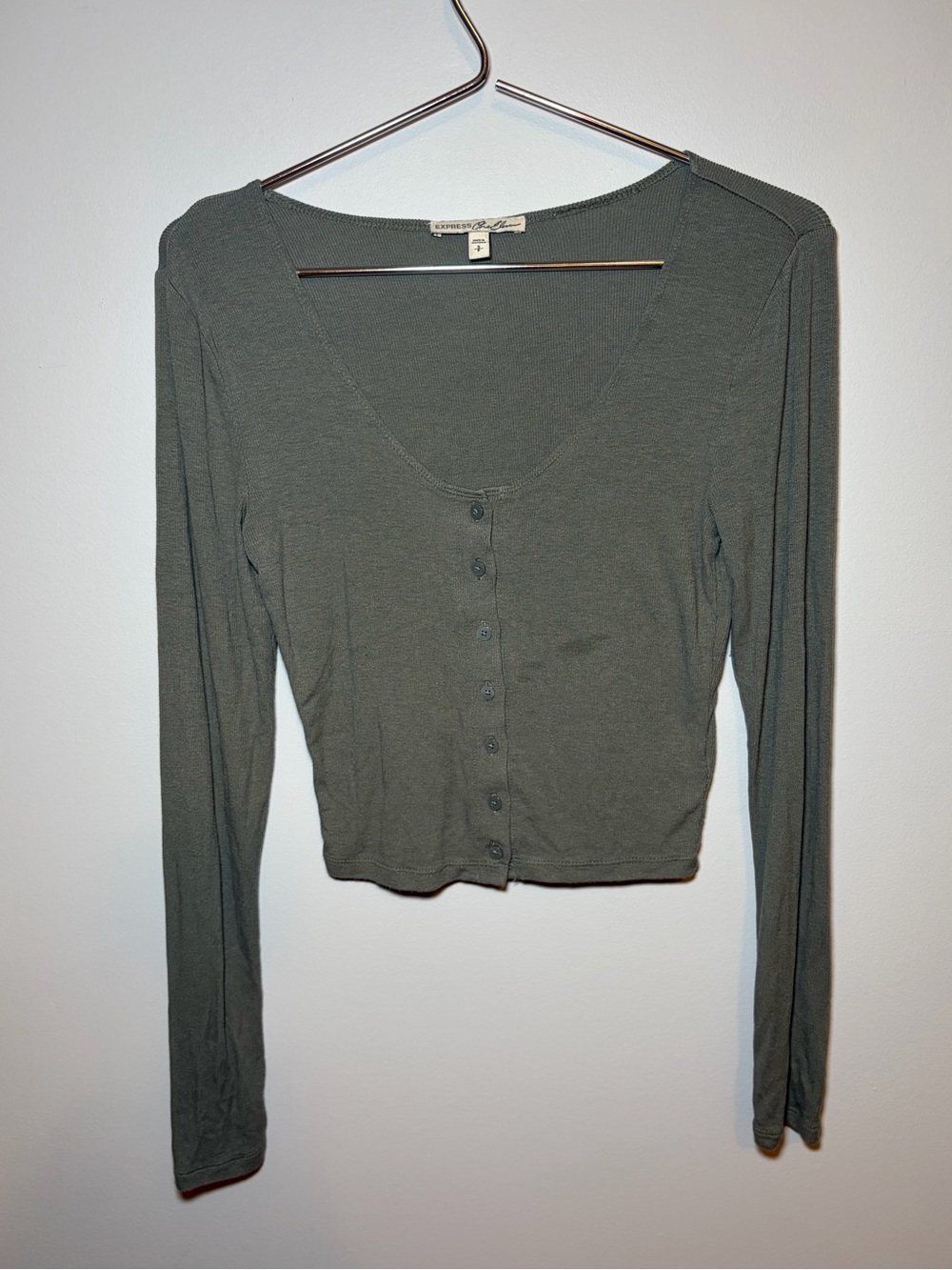 Women’s Long Sleeve Button Front Crop Top - Olive Green